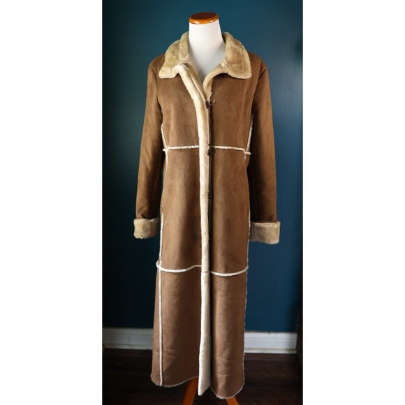 Jones New York 90s Y2K Penny Lane Faux Fur Lined Shearling Long Brown Coat M
